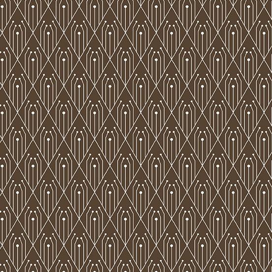 Century Prints Deco Diamonds in Chocolate features white art deco diamonds and lines on a chocolate brown background.