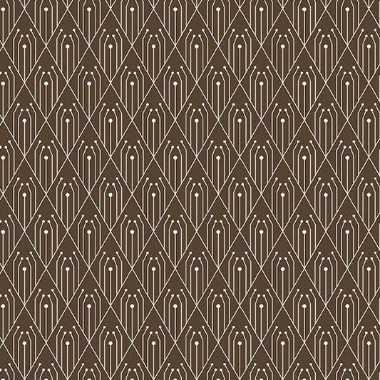 Century Prints Deco Diamonds in Chocolate features white art deco diamonds and lines on a chocolate brown background.