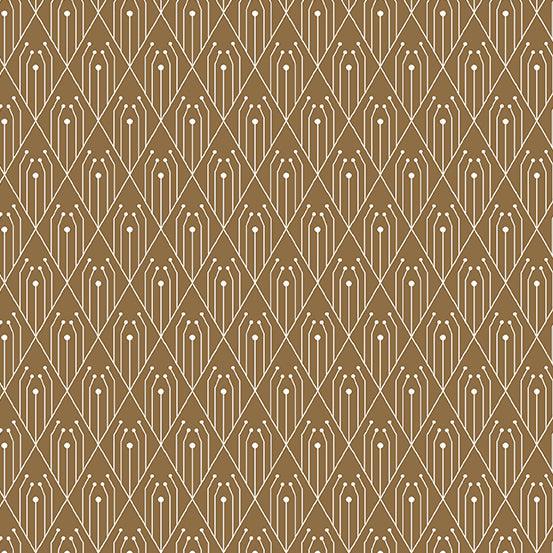 Century Prints Deco Diamonds in Cinnamon features white art deco diamonds and lines on a light brown background.