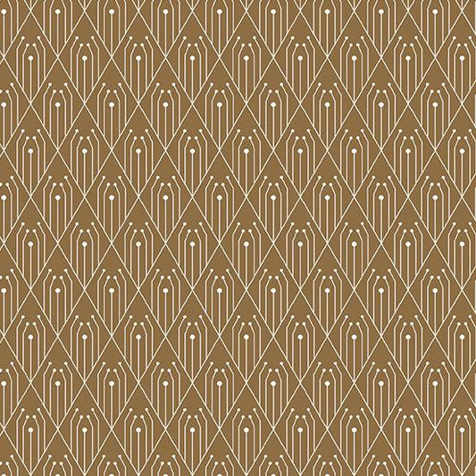 Century Prints Deco Diamonds in Cinnamon features white art deco diamonds and lines on a light brown background.