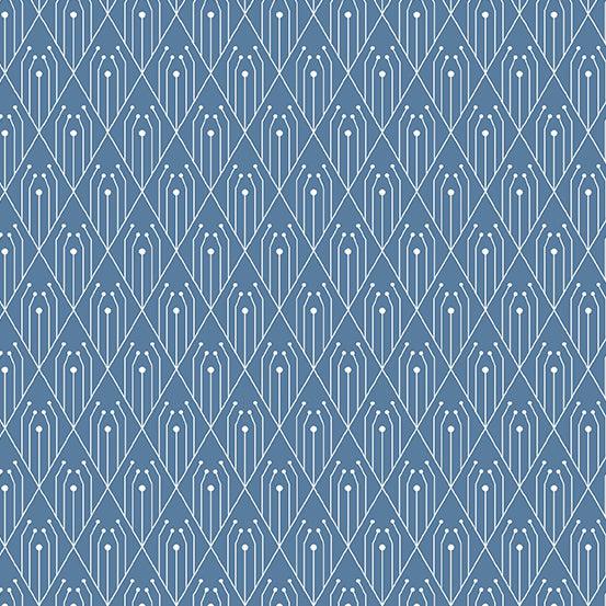 Century Prints Deco Diamonds in Denim features white art deco diamonds and lines on a medium blue background.