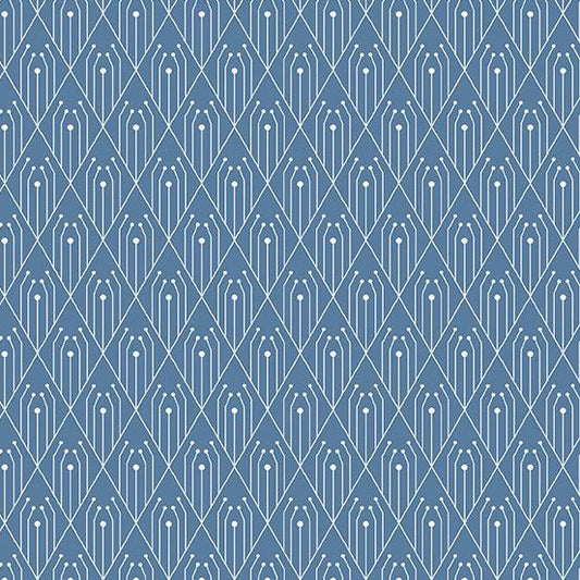 Century Prints Deco Diamonds in Denim features white art deco diamonds and lines on a medium blue background.