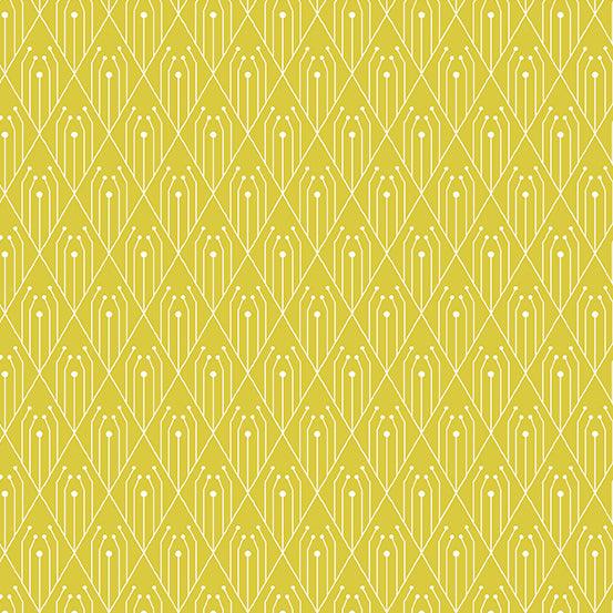 Century Prints Deco Diamonds in Sulphur features white art deco diamonds and lines on a soft yellow background.