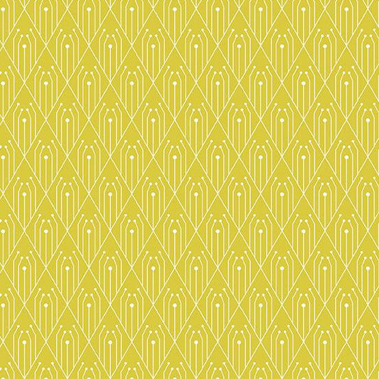 Century Prints Deco Diamonds in Sulphur features white art deco diamonds and lines on a soft yellow background.