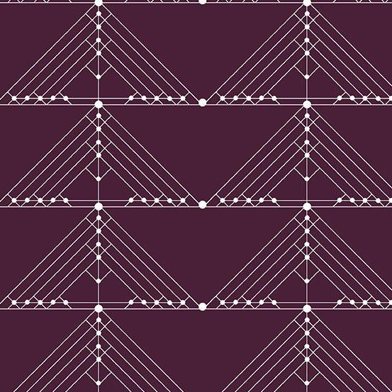 Century Prints Deco Geese in Aubergine features white lines and dots forming art deco triangles on a deep purple background.