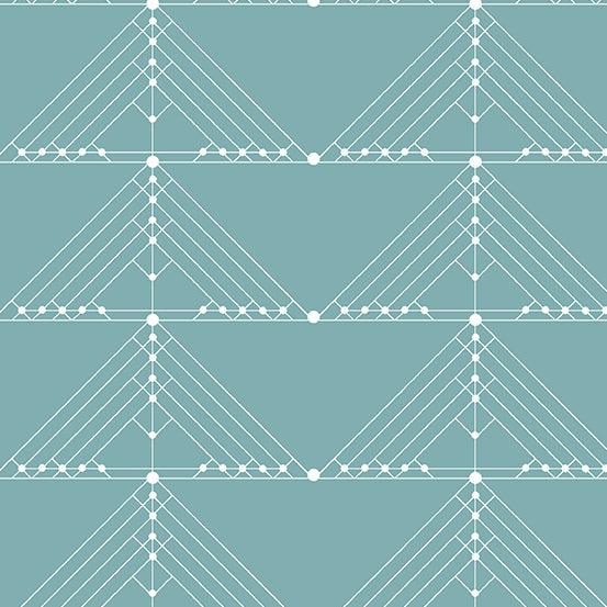 Century Prints Deco Geese in Faded features white lines and dots forming art deco triangles on a mint background.