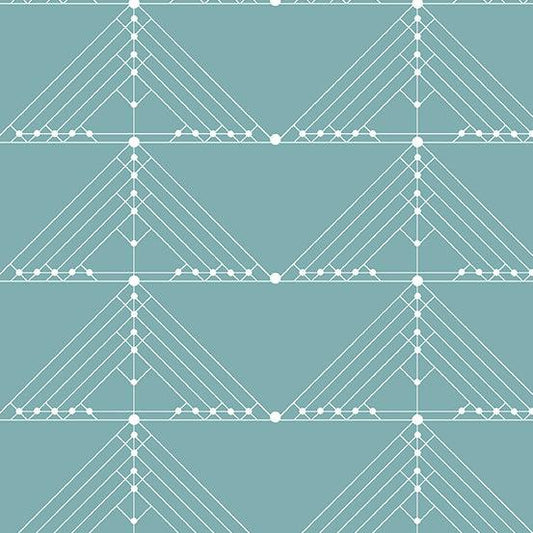 Century Prints Deco Geese in Faded features white lines and dots forming art deco triangles on a mint background.