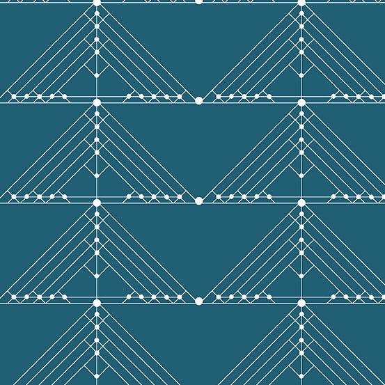 Century Prints Deco Geese in Lagoon features white lines and dots forming art deco triangles on a dark turquoise background.