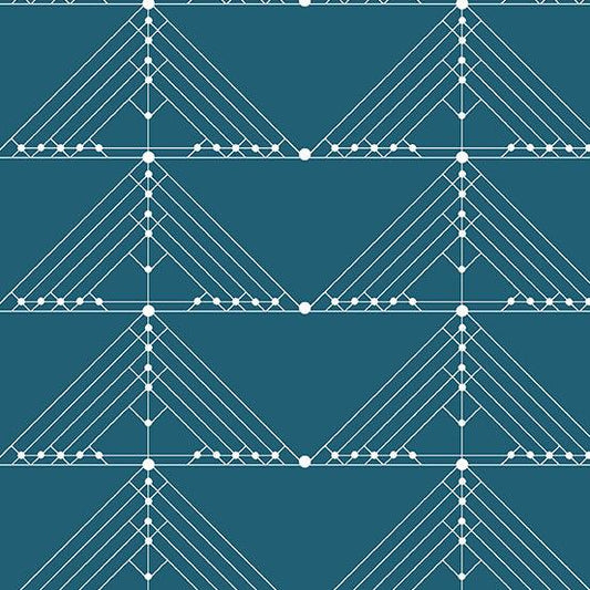 Century Prints Deco Geese in Lagoon features white lines and dots forming art deco triangles on a dark turquoise background.