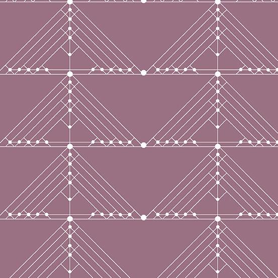 Century Prints Deco Geese in Pressed Flower features white lines and dots forming art deco triangles on a dusty purple background.