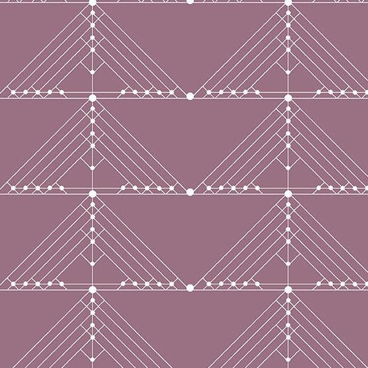 Century Prints Deco Geese in Pressed Flower features white lines and dots forming art deco triangles on a dusty purple background.