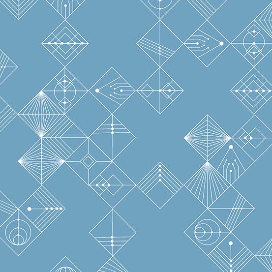 Century Prints Deco Tiles in Chambray Blue features white lines, circles, and dots that form geometric diamonds on a dusty blue background.