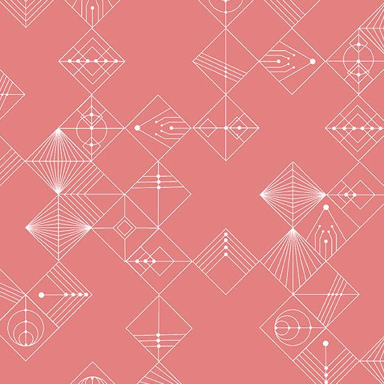 Century Prints Deco Tiles in Dawn features white lines, circles, and dots that form geometric diamonds on a rosy pink background.