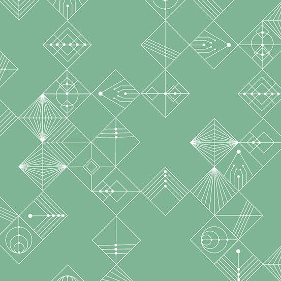 Century Prints Deco Tiles in Jade features white lines, circles, and dots that form geometric diamonds on a light green background.