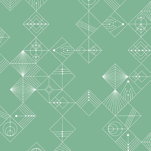 Century Prints Deco Tiles in Jade features white lines, circles, and dots that form geometric diamonds on a light green background.