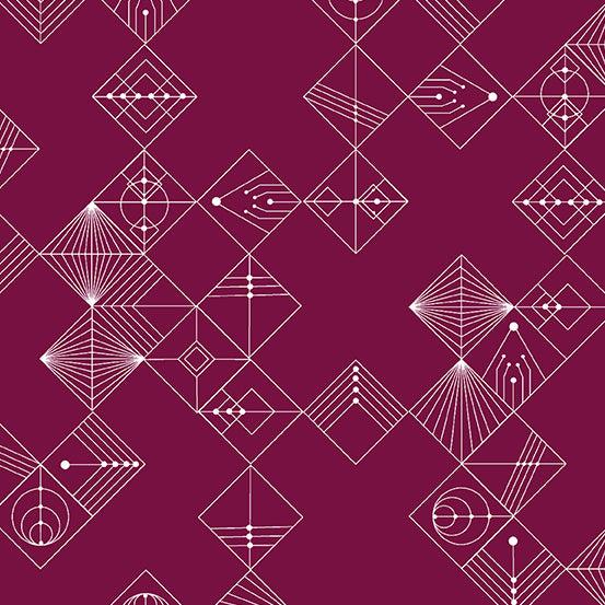 Century Prints Deco Tiles in Mulberry features white lines, circles, and dots that form geometric diamonds on a dark magenta background.