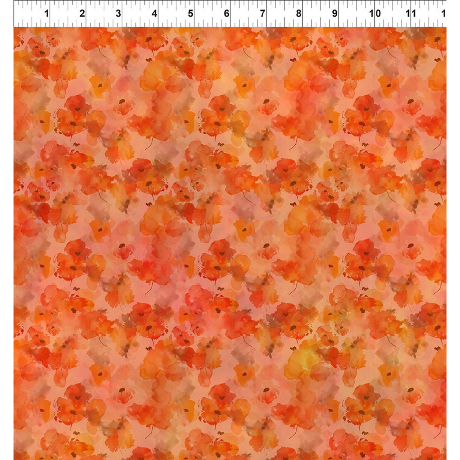 Pattern of orange and red flowers on a pink background with a ruler for scale