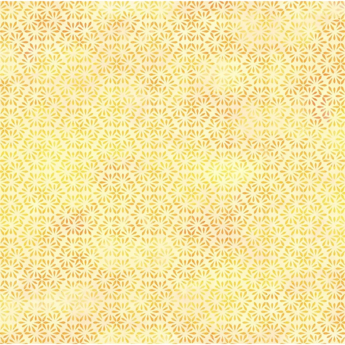 A fabric swatch with repeating hexagon motifs adorned with petite daisy-like petals in buttery yellow and gentle gold.