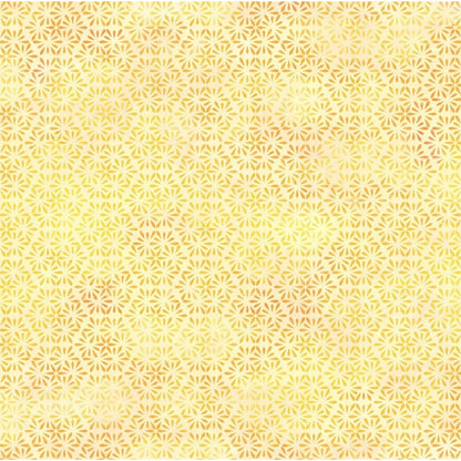 A fabric swatch with repeating hexagon motifs adorned with petite daisy-like petals in buttery yellow and gentle gold.