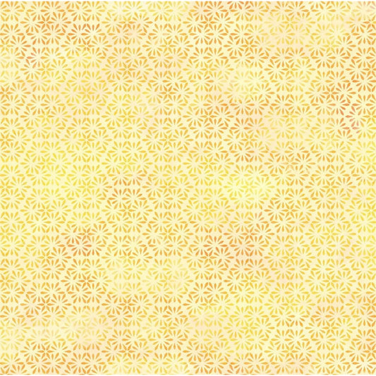 A fabric swatch with repeating hexagon motifs adorned with petite daisy-like petals in buttery yellow and gentle gold.