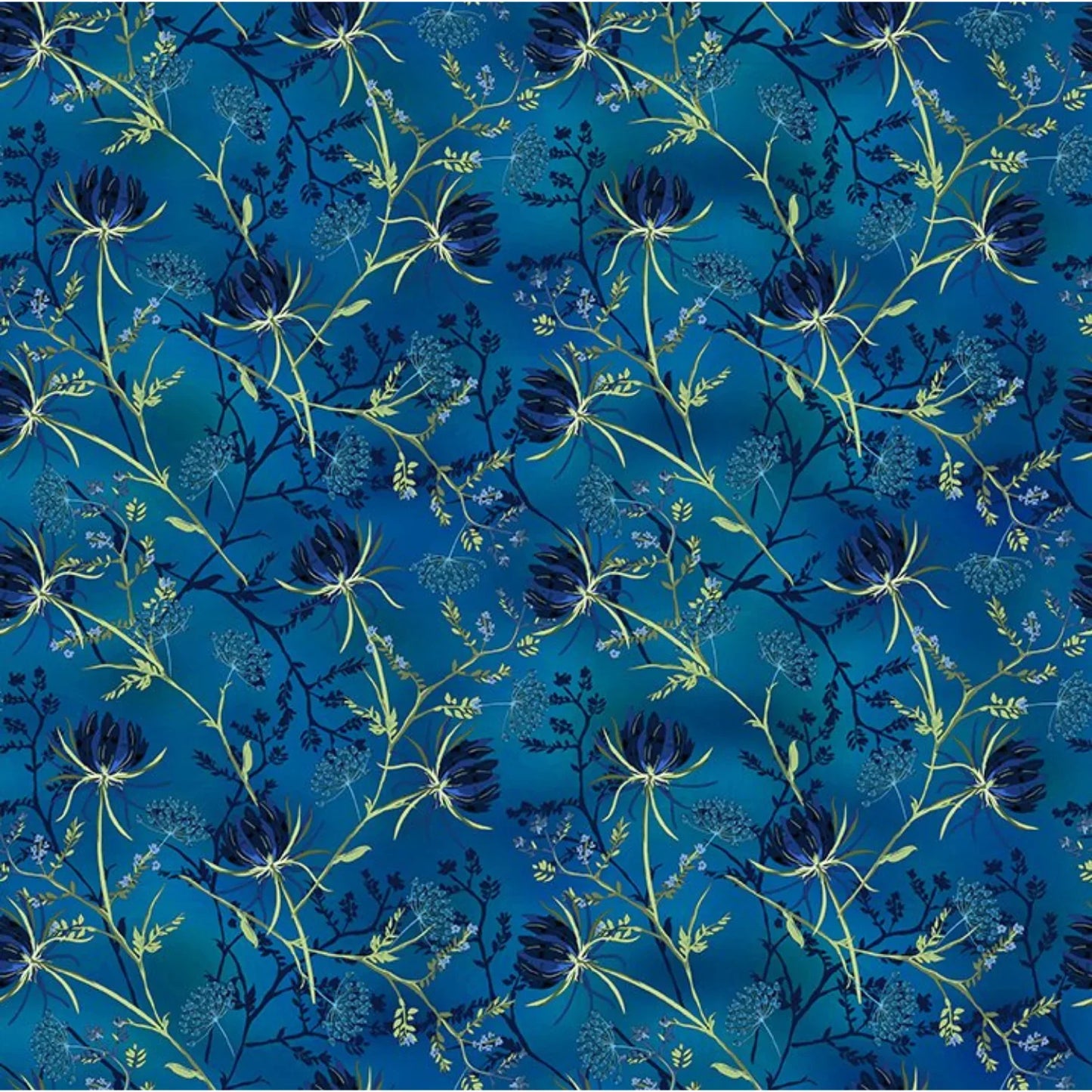 Floral pattern with dark blue flowers and green stems on a blue background