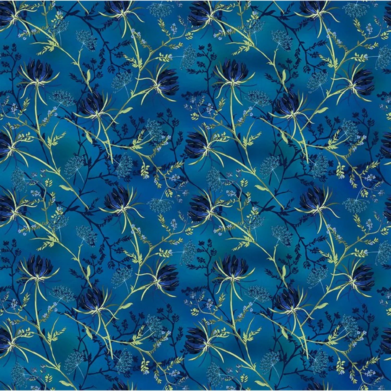 Floral pattern with dark blue flowers and green stems on a blue background