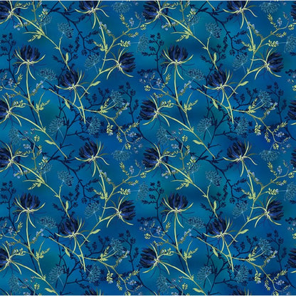 Floral pattern with dark blue flowers and green stems on a blue background