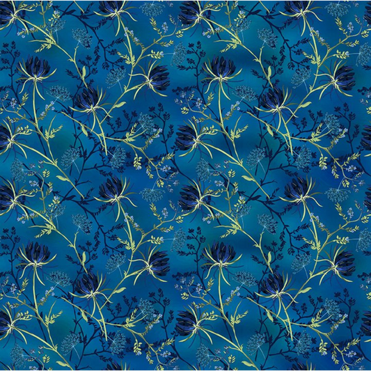 Floral pattern with dark blue flowers and green stems on a blue background