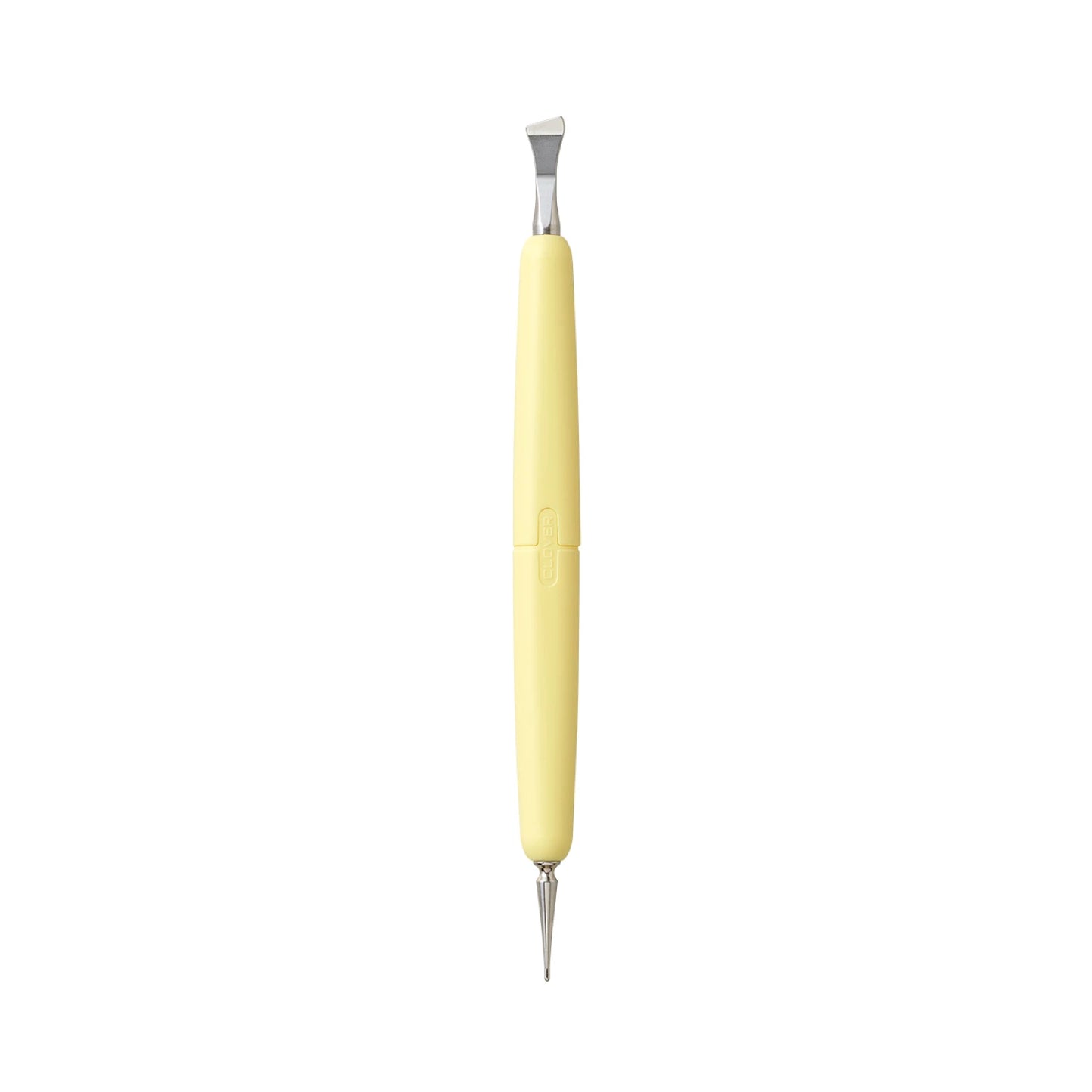 A dual-ended sewing tool with a pale yellow handle and silver metal tips, shown vertically on a plain white background.
