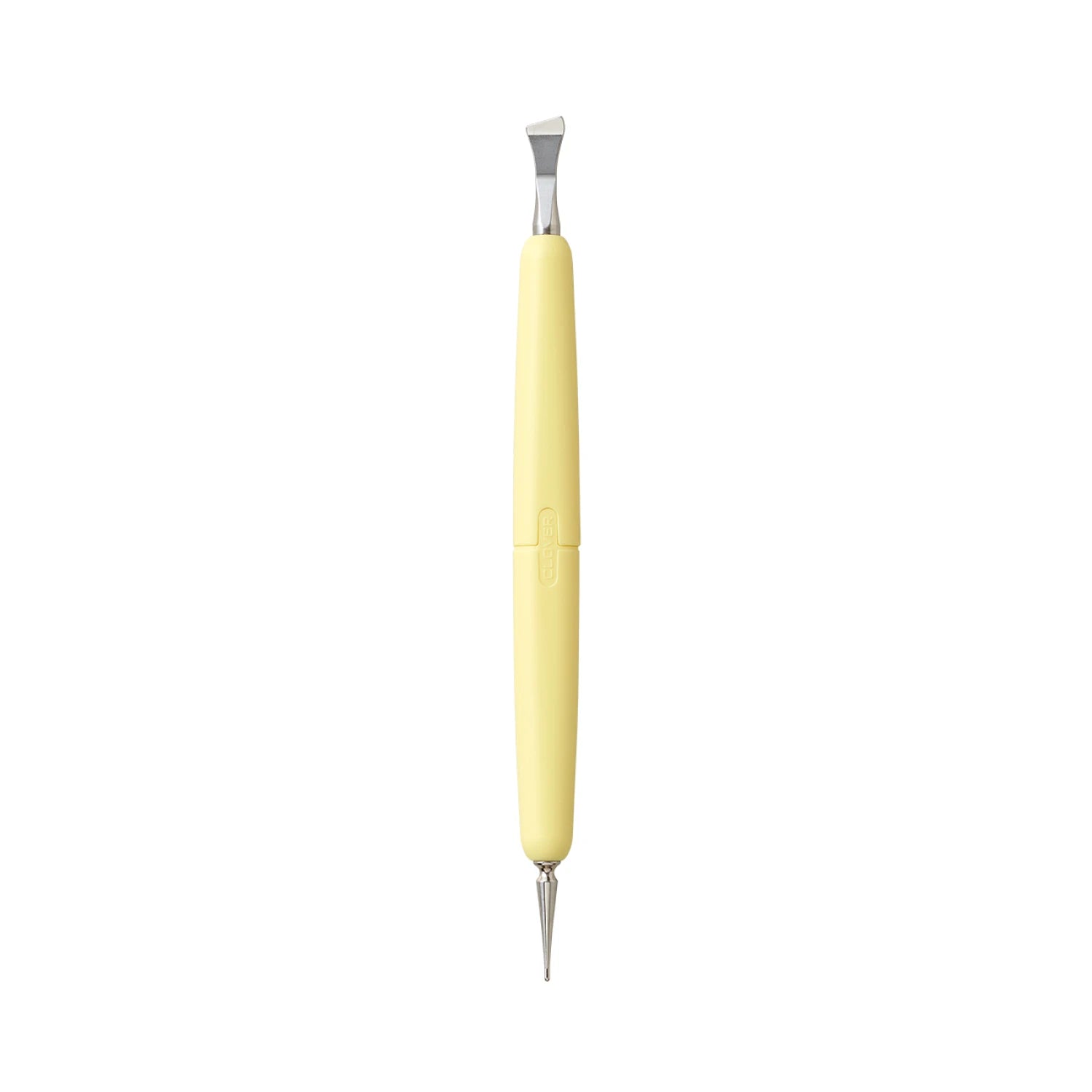 A dual-ended sewing tool with a pale yellow handle and silver metal tips, shown vertically on a plain white background.