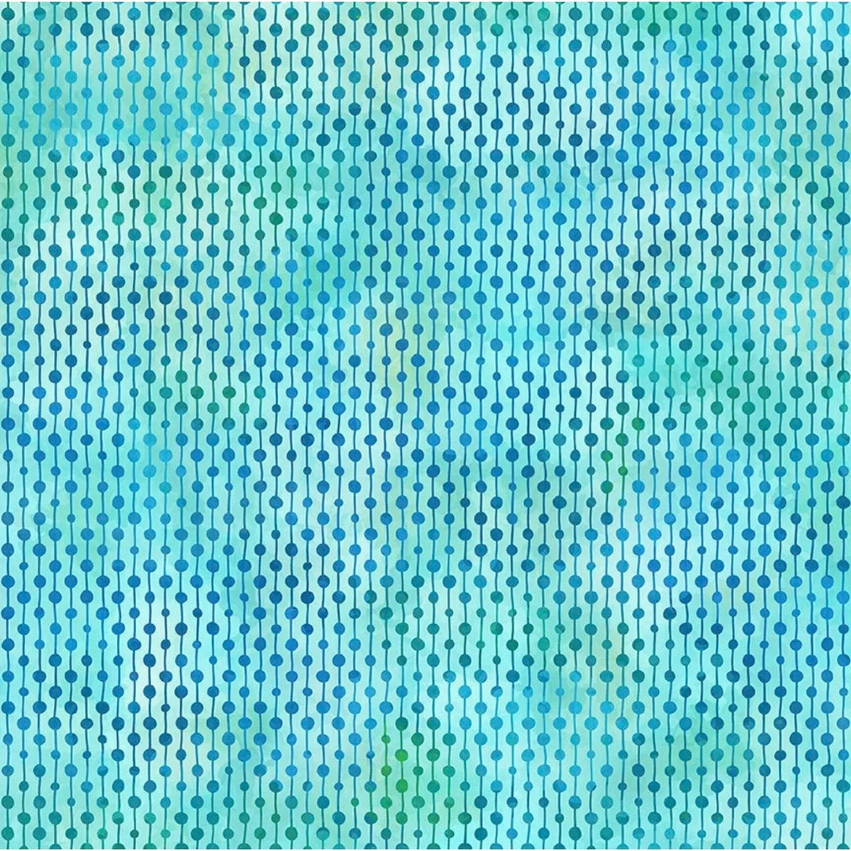 A fabric swatch featuring neat rows of petite dots connected by slender lines in teal and turquoise. Shifting shades of sea green and sky blue blend behind the stripes.