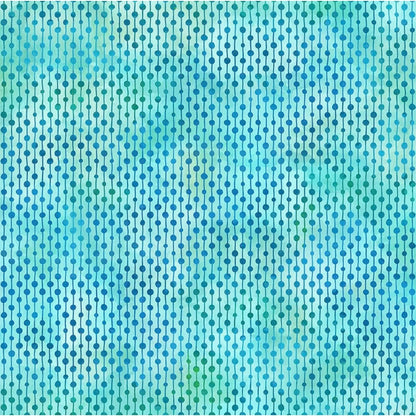 A fabric swatch featuring neat rows of petite dots connected by slender lines in teal and turquoise. Shifting shades of sea green and sky blue blend behind the stripes.