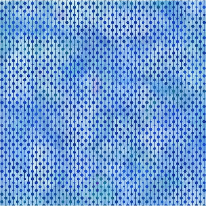 A fabric swatch featuring neat rows of petite dots connected by slender lines in cobalt and deep sky blue on a blended watercolor-like background.