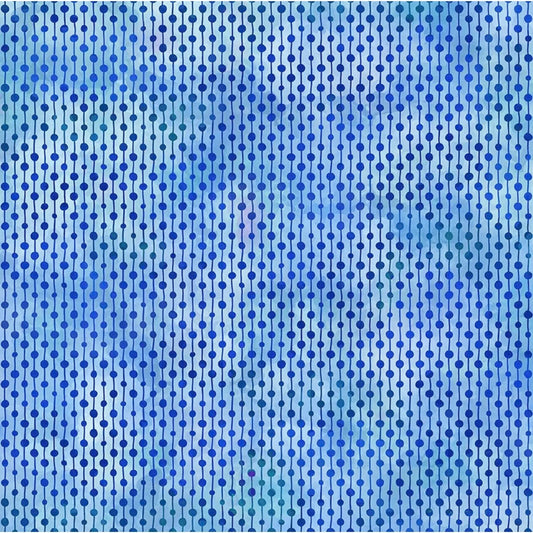 A fabric swatch featuring neat rows of petite dots connected by slender lines in cobalt and deep sky blue on a blended watercolor-like background.