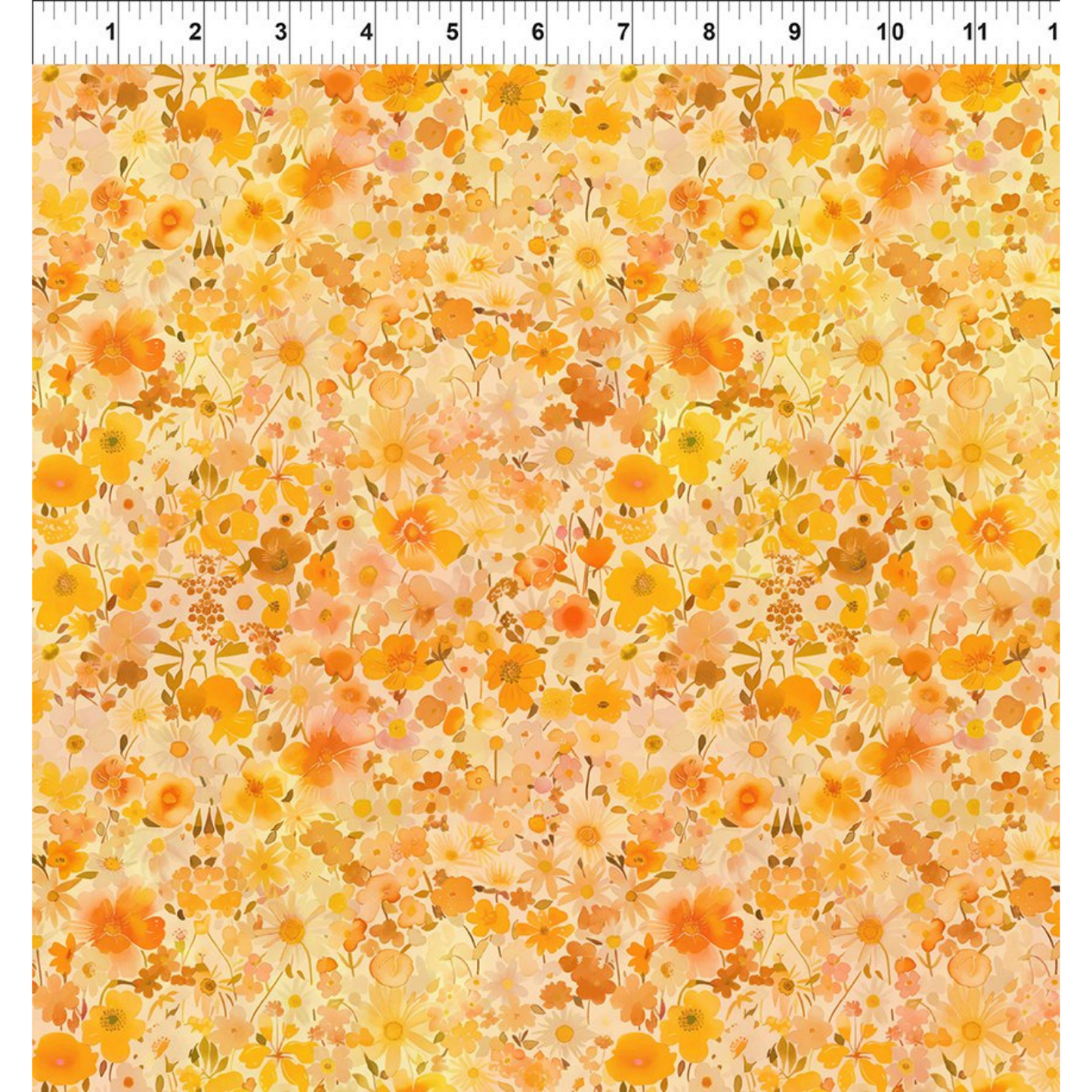 Pattern of small orange and yellow flowers on a peach background with a ruler for scale