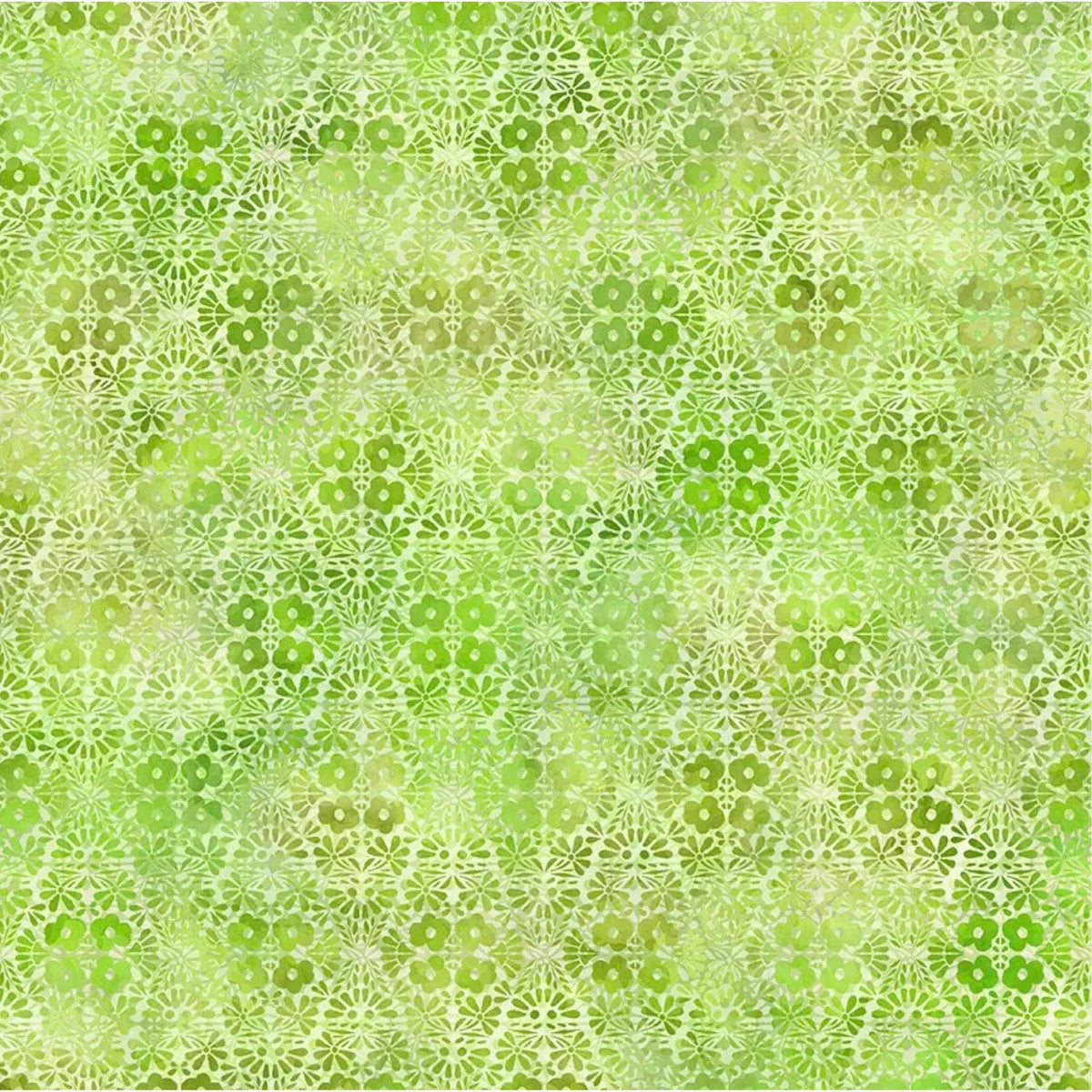 A fabric swatch featuring graceful geometric diamonds of tiny flower clusters and leafy sprigs in vibrant lime and lush green.