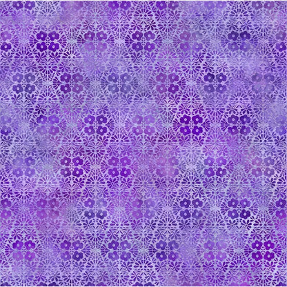 A fabric swatch featuring graceful geometric diamonds of tiny flower clusters and leafy sprigs in rich violet, amethyst, and lavender.