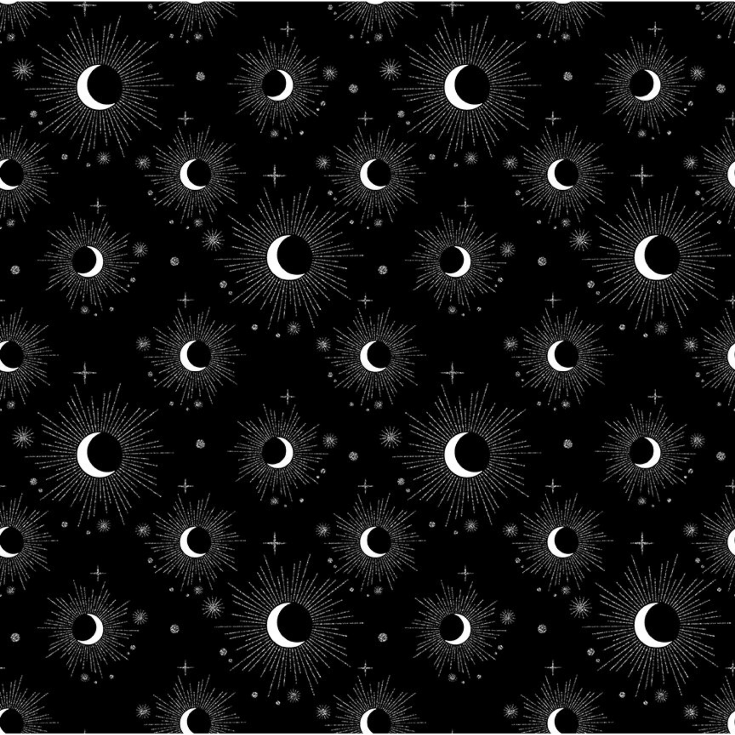 Pattern of white crescent moons and silver starbursts on a black background