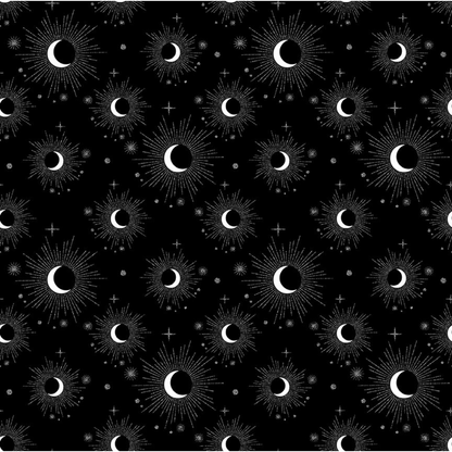 Pattern of white crescent moons and silver starbursts on a black background