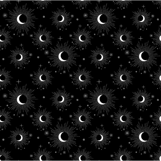 Pattern of white crescent moons and silver starbursts on a black background