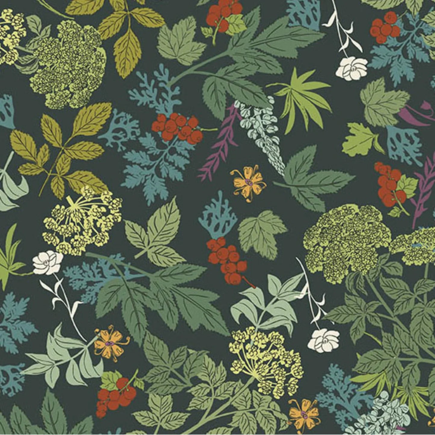 A repeating botanical pattern featuring green, yellow-green, blue, red, and orange flowers and leaves on a dark green, near-black background.