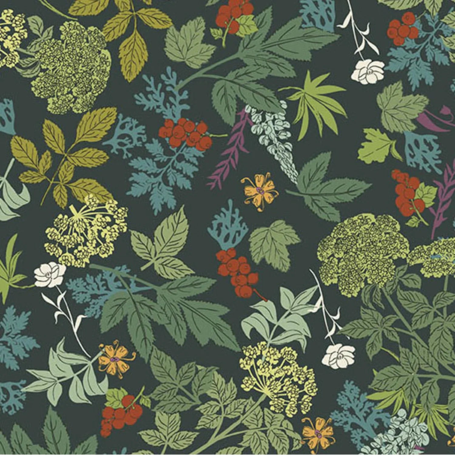 A repeating botanical pattern featuring green, yellow-green, blue, red, and orange flowers and leaves on a dark green, near-black background.