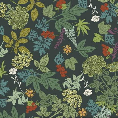 A repeating botanical pattern featuring green, yellow-green, blue, red, and orange flowers and leaves on a dark green, near-black background.
