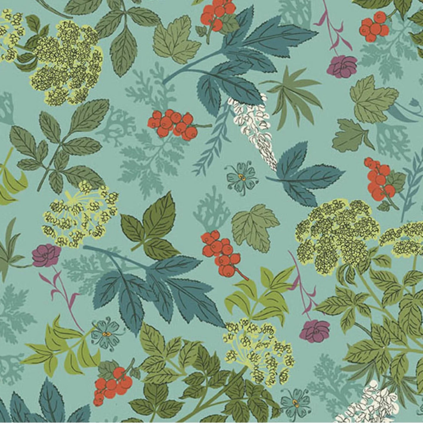 A repeating botanical pattern featuring green and blue-green leaves, clusters of red berries, pale yellow flowers, and small purple blossoms on a muted teal background.