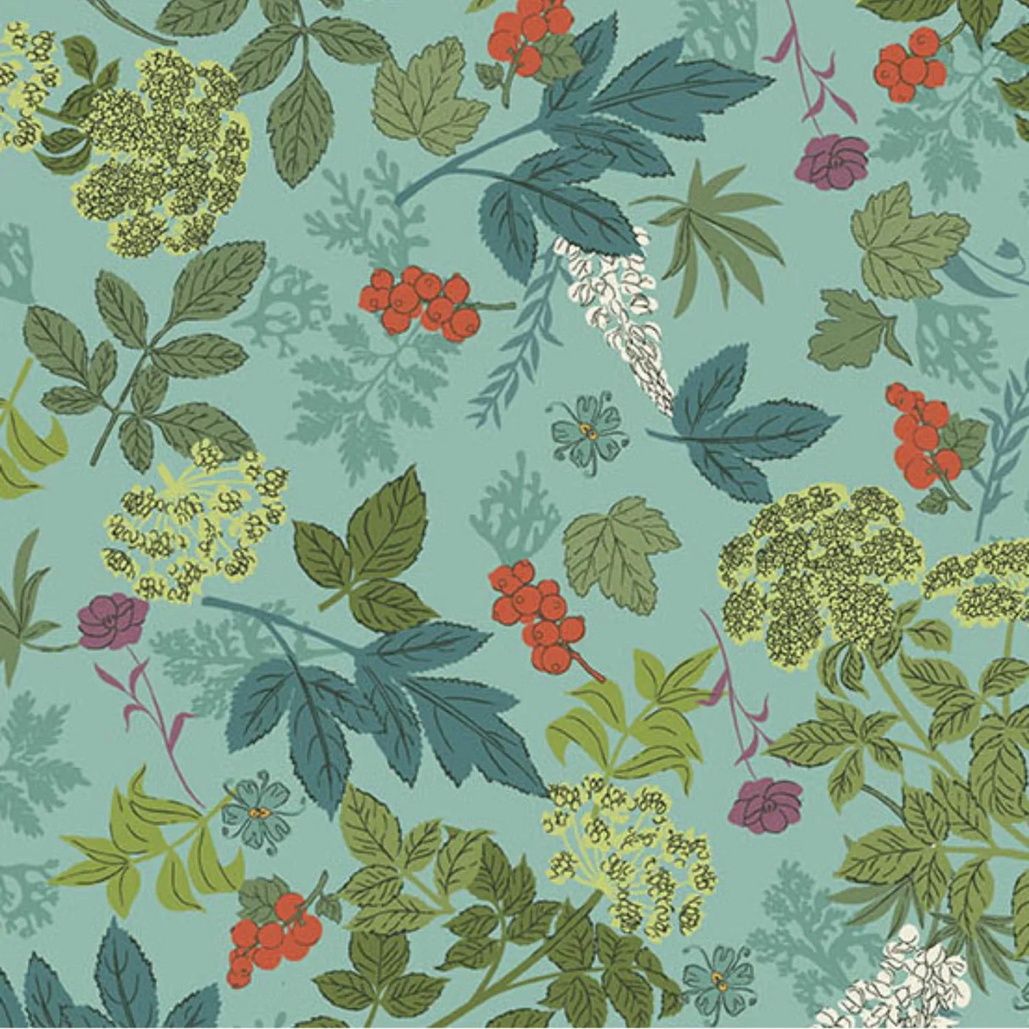 A repeating botanical pattern featuring green and blue-green leaves, clusters of red berries, pale yellow flowers, and small purple blossoms on a muted teal background.