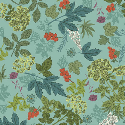 A repeating botanical pattern featuring green and blue-green leaves, clusters of red berries, pale yellow flowers, and small purple blossoms on a muted teal background.