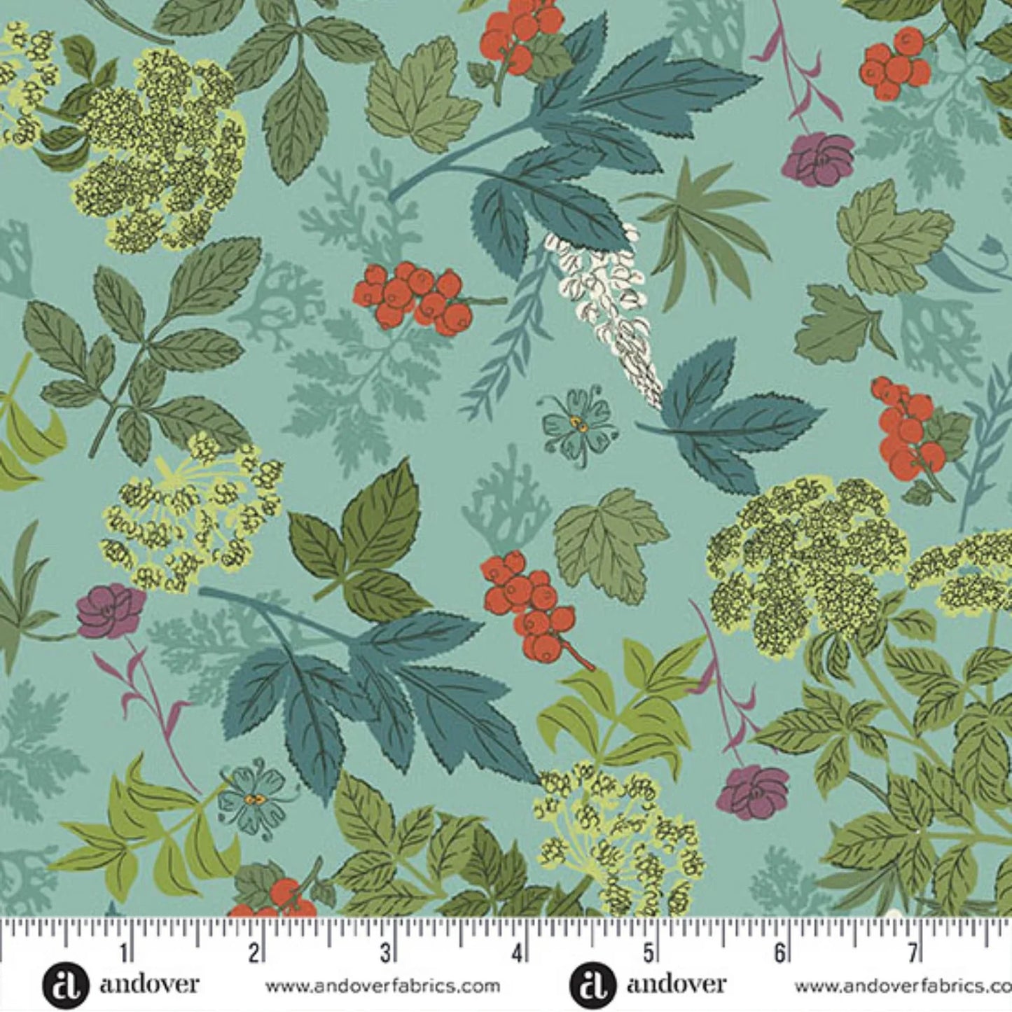 A repeating botanical fabric pattern on a muted teal background, featuring green and teal leaves, chartreuse flower clusters, small red berries, and purple flowers. A white ruler strip with Andover branding appears along the bottom edge for scale.