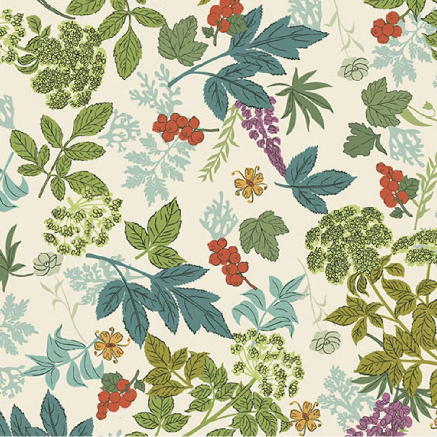 A repeating botanical pattern featuring green and teal leaves, clusters of red berries, small yellow flowers, and purple blossoms on a warm cream background.