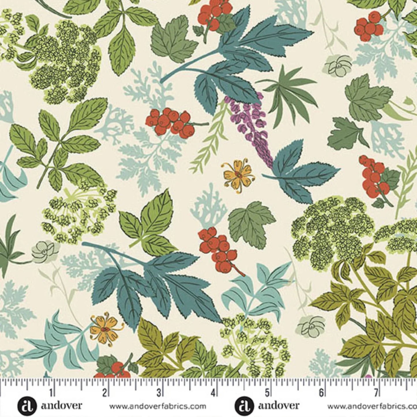 A repeating botanical pattern featuring green and teal leaves, clusters of red berries, small yellow flowers, and purple blossoms on a warm cream background. Ruler at the bottom for scale.