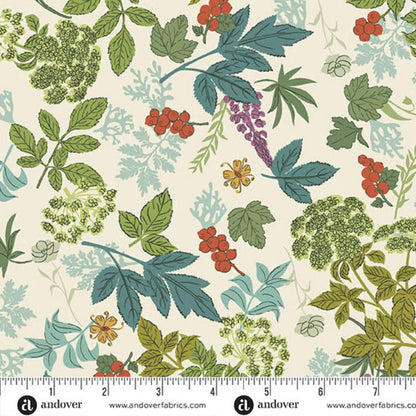 A repeating botanical pattern featuring green and teal leaves, clusters of red berries, small yellow flowers, and purple blossoms on a warm cream background. Ruler at the bottom for scale.